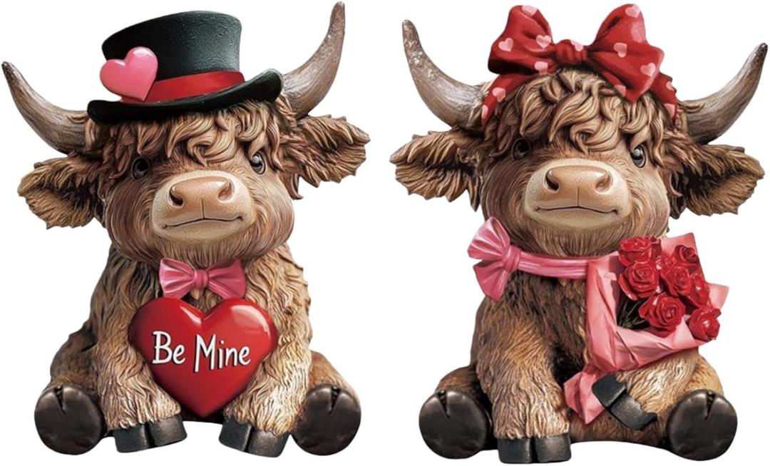 2 Pcs Valentine's Day Highland Cow Figurines Love Heart Rose Highland Cow Gnomes Scottish Resin Statue Calf Lovers Romantic Gifts for Valentines Home Kitchen Office Tiered Tray Table Decor (Red)