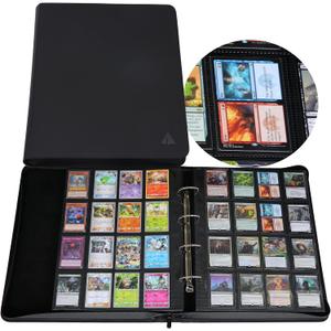 2000 Trading Card Binder, 16 Pocket D-Ring Card Binder Fit 2016 Cards - Large Card Collection Binder with Double-Sided Black Pages for TCG