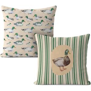 Vintage Green Mallard Duck Pillow Covers 18x18, Mallard Duck Nursery Decor, Farmhouse Country Farm Animal Decorative Throw Pillow Covers for Home Living Room Kids Bedroom Sofa Couch Set of 2 (Color-03)
