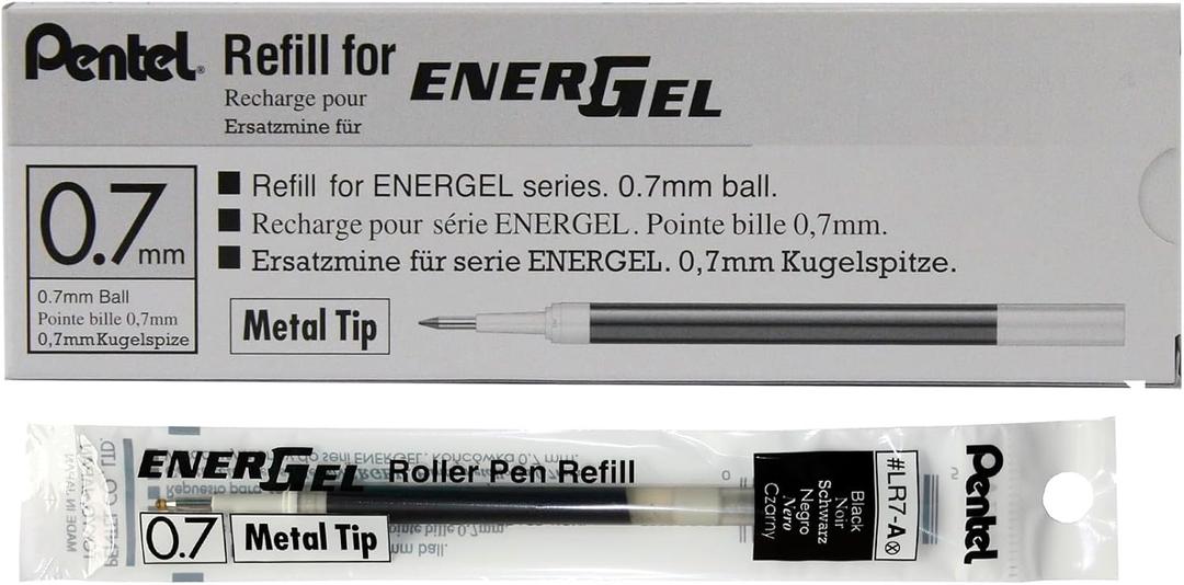Pentel Refill Ink for EnerGel Liquid Gel Pen, (0.7mm), Metal Tip, Black Ink, Box of 12 (LR7-A)
