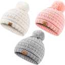 REDESS Baby Kids Winter Warm Hats, Infant Toddler Children Pom Pom Beanie Knit Cap Girls Boys (0-3T, Pink+light Gray+white)