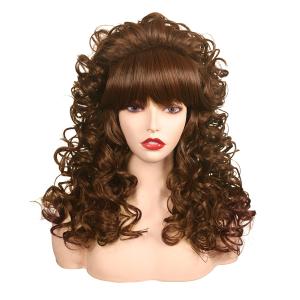 FantaLook 80s Long Curly Vintage Cosplay Wig with Bang for Women 60 70s Queen Costume for Halloween Party (Brown)