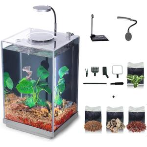 Nano Desktop Betta Aquarium 2.7 Gallon Glass Fish Tank Set, Hidden Bottom Filtration System Self Cleaning Filter Light Gravel Plant Cleaning Tool, for Small Space Easy Setup Space-Saving Design