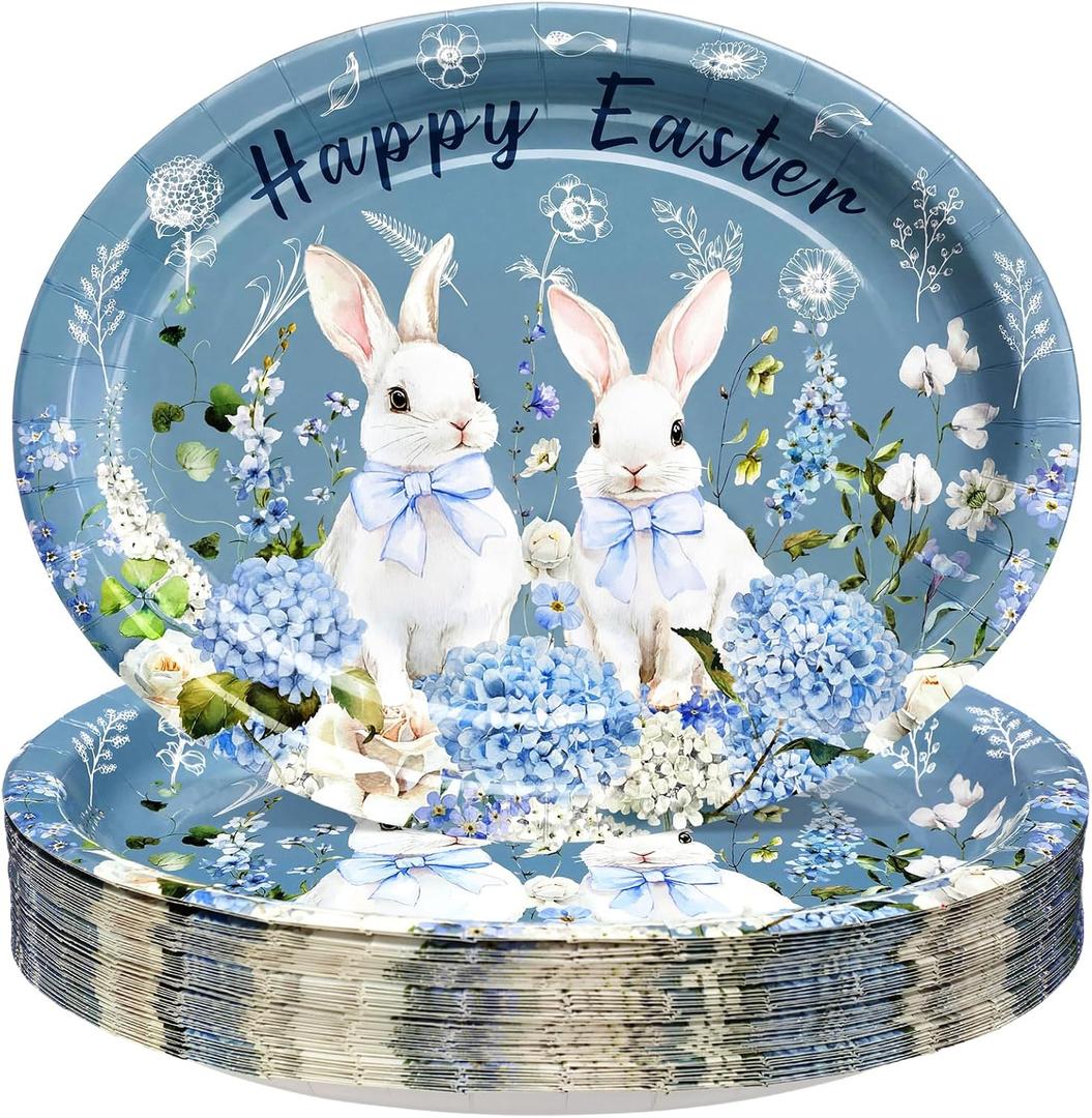 Tioncy 50 Count Bunny Rabbit Hydrangea Happy Easter Blue Floral Paper Plates Bulk Spring Farmhouse Bunny Hydrangea Oval Disposable Platter Religious Easter Flower Plates for Holiday Party Decor