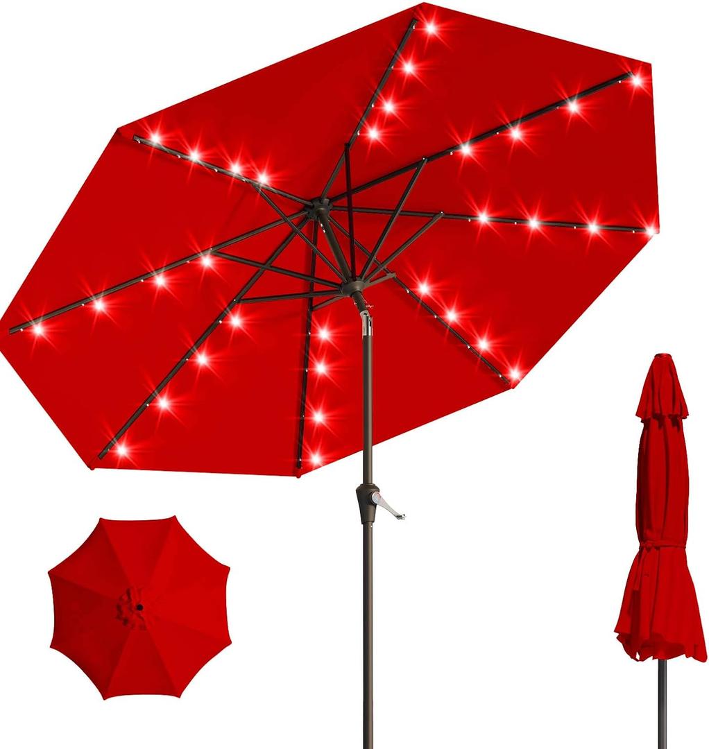 9FT Solar Umbrella 32 LED Lighted Patio Umbrella Table Market Umbrella w/Tilt and Crank Outdoor Umbrellas for Garden, Deck, Backyard, Pool and Beach, Bright Red