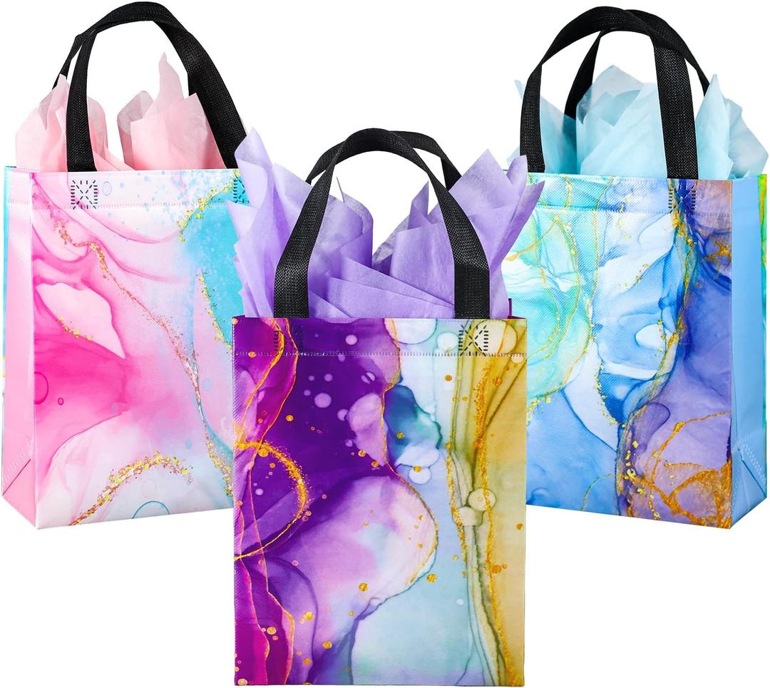 18Pcs Reusable Medium Gift Bags with Handles, 10.2" x 7.8" x 4" - Colorful Marble Party Favor Bags with Tissues for Birthday Parties, Anniversary, Shopping (Pink,Purple and Blue)