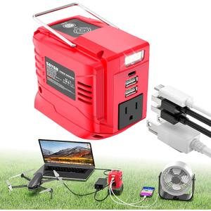 200W Power Inverter Compatible with Milwaukee 18V Battery, DC 18V to AC 110V Portable Power Station with 1 AC Outlet, 2 USB Ports & 1 Type-C Fast Charging, 200LM LED Work Light (Fit for Milwaukee)