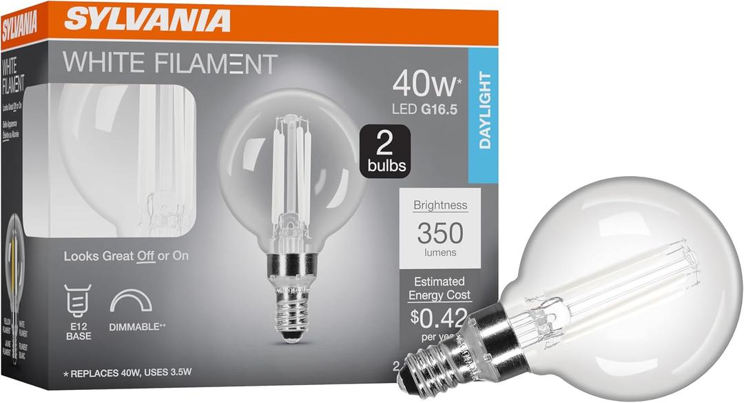 Sylvania G16.5 Clear Globe LED White Filament Bulb, 3.5W, Dimmable, 350 LMS, Candelabra Base, 5000K, Daylight - 2 Pack (42244)