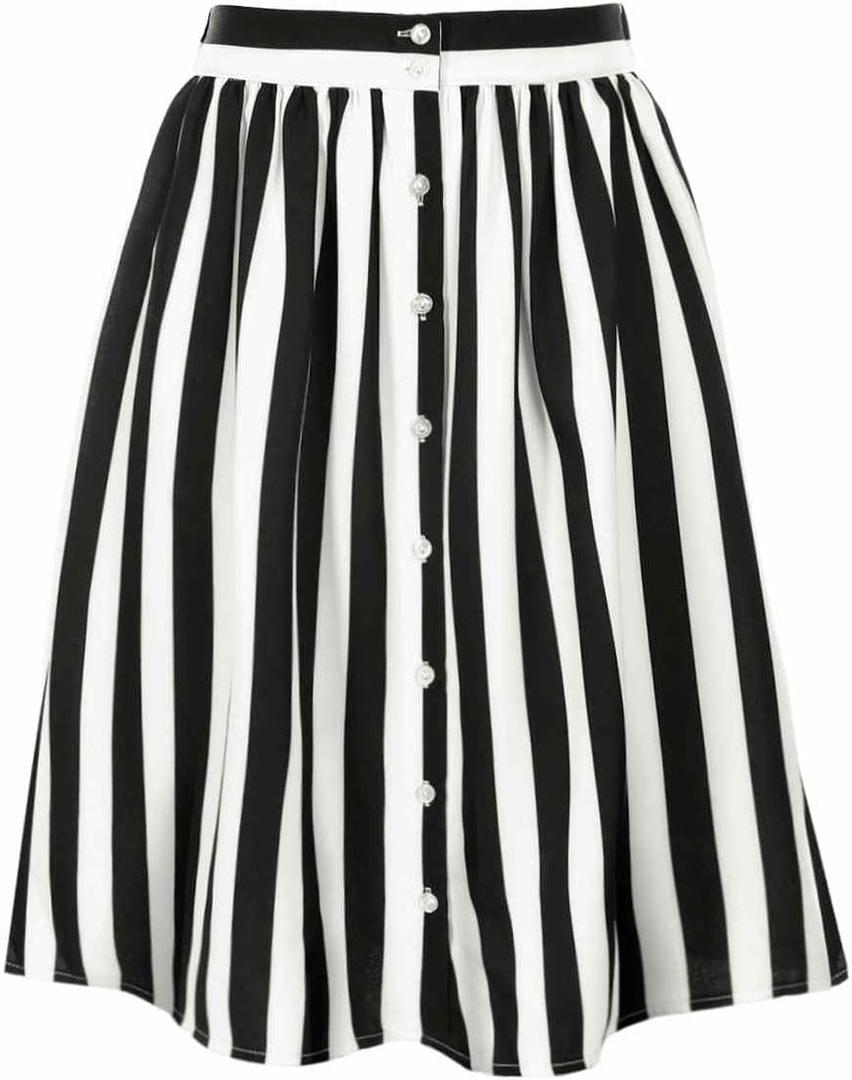 Allegra K Women's Striped Button Front Elastic Back Waist A-Line Midi Skirt Large