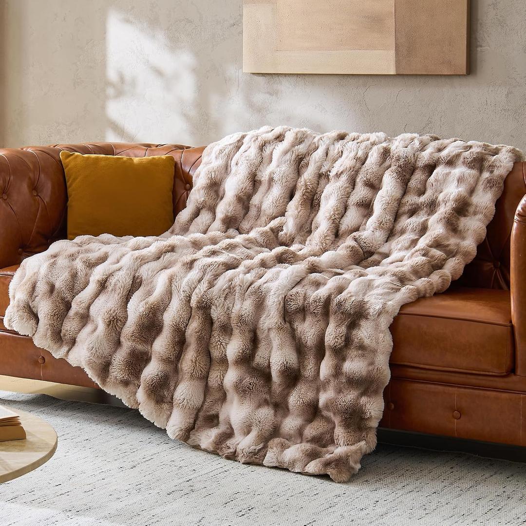 Fluffy Faux Rabbit Fur Bubble Queen Blanket,Tie Dye Brown,90"x90"