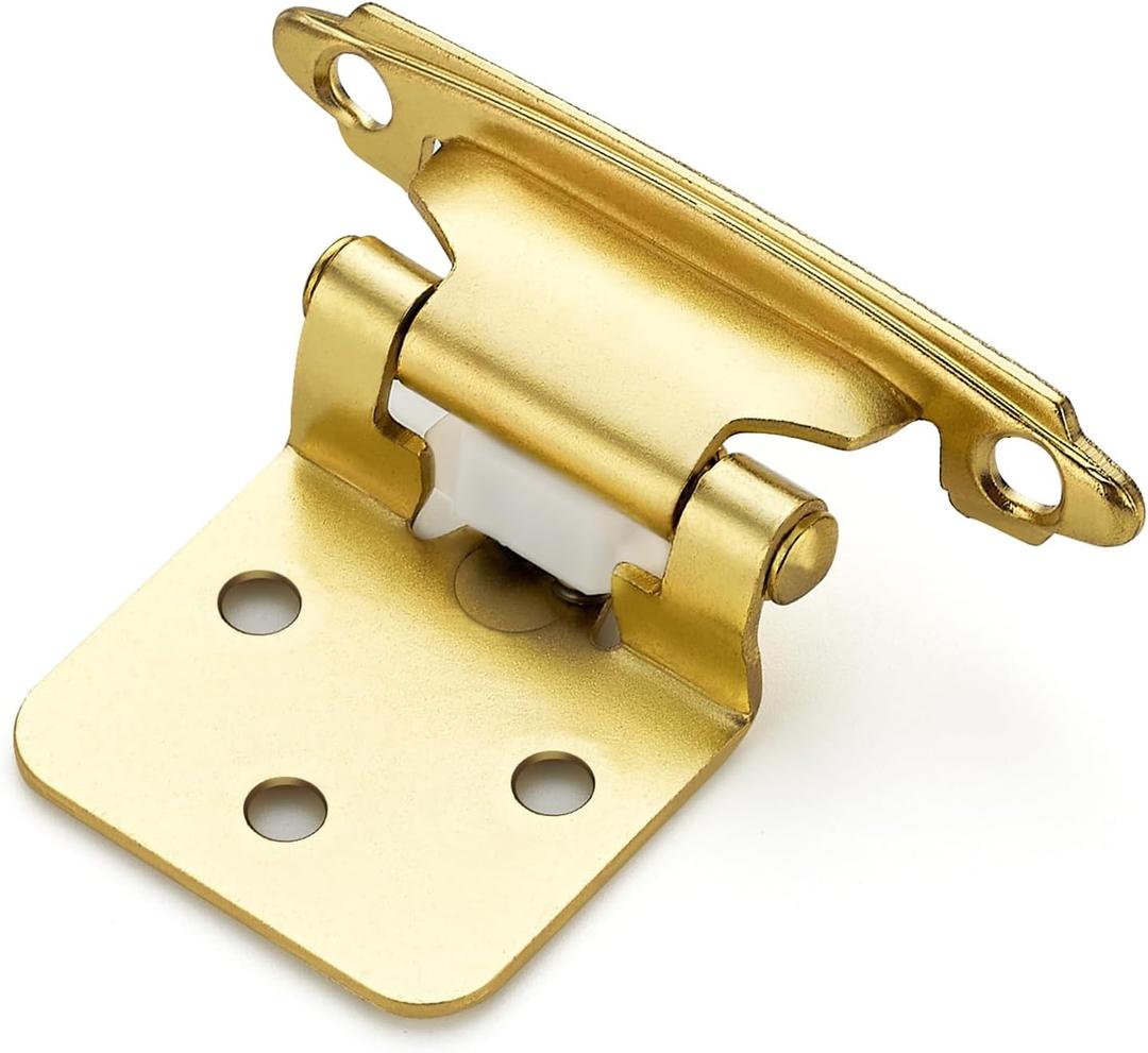 Ravinte 50 Pack (25 Pairs) 1/2" Overlay Cabinet Hinges, Self-Closing Semi-Concealed Face Mount, Satin Brass Decorative Hardware with Door Bumpers for Kitchen & Cupboard Doors, Gold