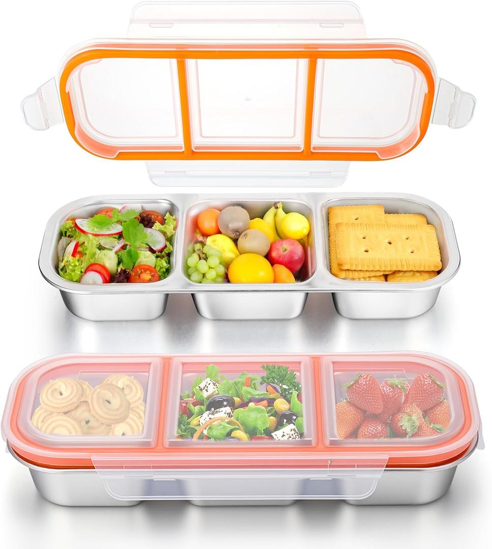 Palksky 2Pack Stainless Steel Snack Containers with Lids, 3 Compartment Reusable Snackle Box Container, Metal Food Storage Containers for School, Home, Travel