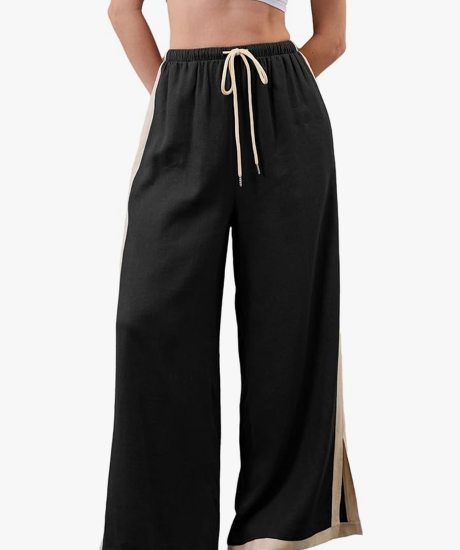 Linen Pnats Women Wide Leg Striped Capri Pants Casual Baggy Linen Trousers with Pockets Medium