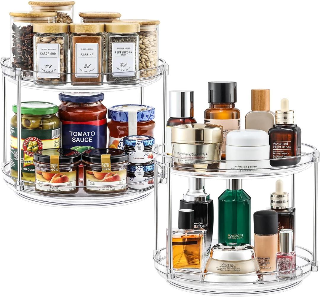 2 Set 2 Tier Non-Skid Acrylic Lazy Susan Turntable Organizer - Rotating Spice Rack - Spinning Organization for Kitchen, Pantry, Countertop, Closet, Bathroom, Vanity, Medicine Cabinet Organizing,9.25''