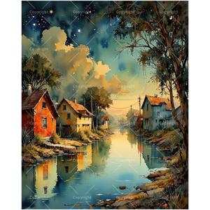 TAOPAOLAB Countryside Night Paint by Numbers Kit for Adults - DIY Riverside Village and Reflection Painting on Canvas 16x20 Inches, Acrylic Paint Set for Beginners, Art for Home Decoration or Gifts