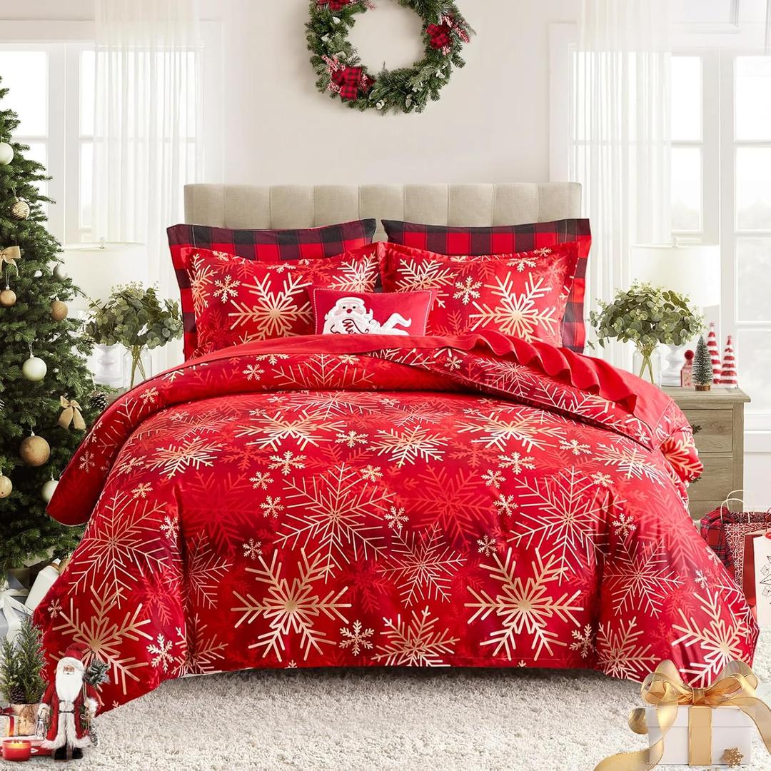 Joyreap 3pcs Christmas Duvet Cover Set Queen, Xmas Golden Snowflakes Black and Red Tie-dye Design Bedding Set, Includes 1 Duvet Cover and 2 Pillow Shams (Queen- 90"x90")