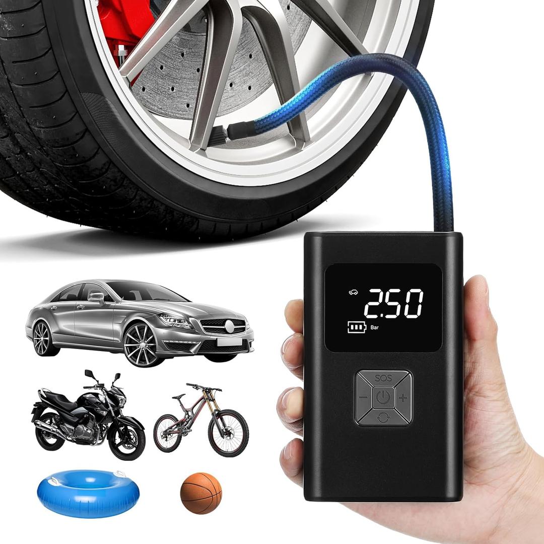 Tire Inflator Portable Air Compressor, 150PSI Pocket Car Tire Pump Electric Auto-Stop Bike Tire Pump With Led Light And Digital Pressure Gauge For Motorcycle, Auto, Ball, Bicycle