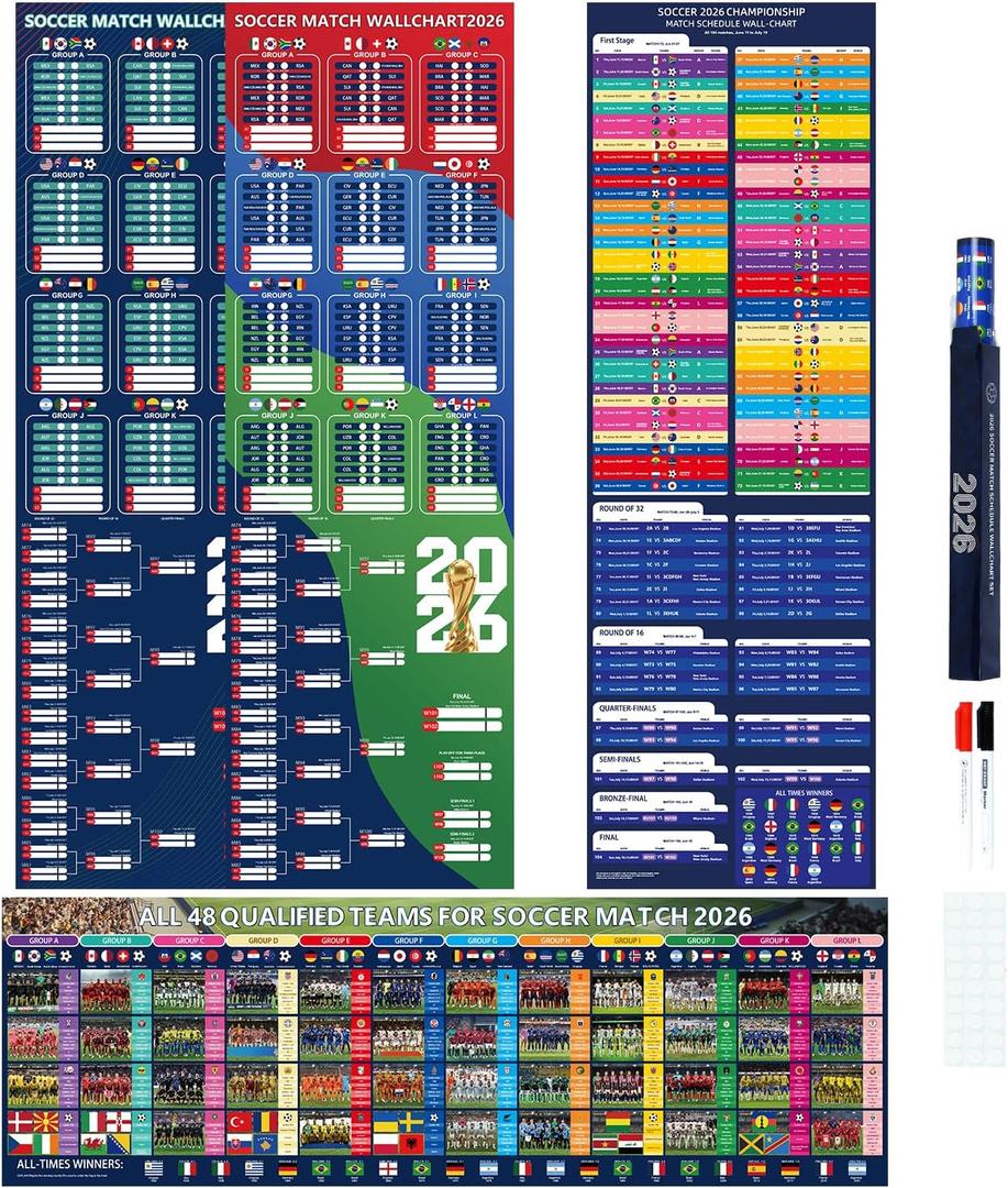 2026 World Soccer Tournament Schedule Poster Set Dry Erase(3PCS), 4013 Inches Double-Sided Schedule Poster with Group Stage, Knockout Rounds, Team Profiles, and Match Details for All 104 Games, 2026 Soccer Tournament Wallchart for Home, Bar, Party Decorations