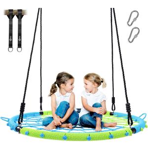 Trekassy 750lbs 40" Spider Web Saucer Tree Swing for Kids Adults, Outdoor Net Swing with Steel Frame and 2 Hanging Straps-Blue+Green (Patented)