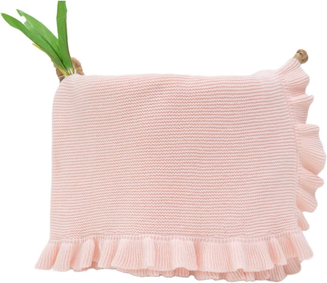 Cotton Baby Blanket with Ruffle Edge Soft Breathable Newborn Blanket for Boys & Girls, Lightweight Knit Throw for Crib, Stroller & Nursery Multiple Pink 30x40