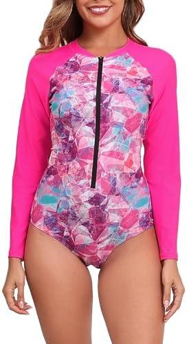 Halcurt Women's One Piece Rash Guard with Built in Bra UPF50+ Zip Long Sleeve Surfing Athletic Swimsuit, 2XL