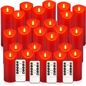 24 Pack Christmas Decoration Flickering Flameless Candles,LED Candles Battery Operated Pillar Candles with Remote Control.for New Year, Home Decor, Parties,Wedding (D2.2 xH 5" 6" 7" Red)