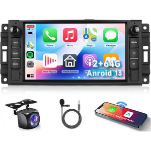 Podofo [2G+64G] Car Stereo Radio for Jeep Wrangler JK Compass Patriot/Chrysler/Dodge RAM with Wireless CarPlay Andriod Auto, 7 inch Touch Screen Android 13 Headunit with GPS Navi/WiFi/Bluetooth/Camera