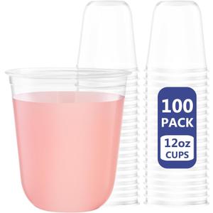 WELLIFE 12 oz Clear Plastic Cups, 100 Pcs Disposable Wine Glasses Stemless Cocktail Punch Cups for Cold Drinking Party Supplies, Easter, Father's Day