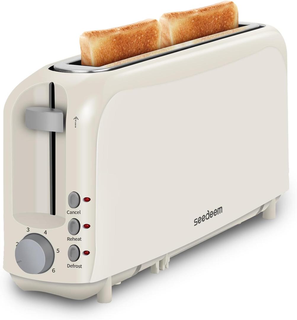 SEEDEEM 2 Slice Slim Toaster, Single 10" Long Slot Toaster Fits Bagels & Artisan Bread, 6 Shade Settings, Cancel/Reheat/Defrost, Removable Crumb Tray, Auto Shut-Off, Ivory (3.54 x 14.37 x 6.89 inches)