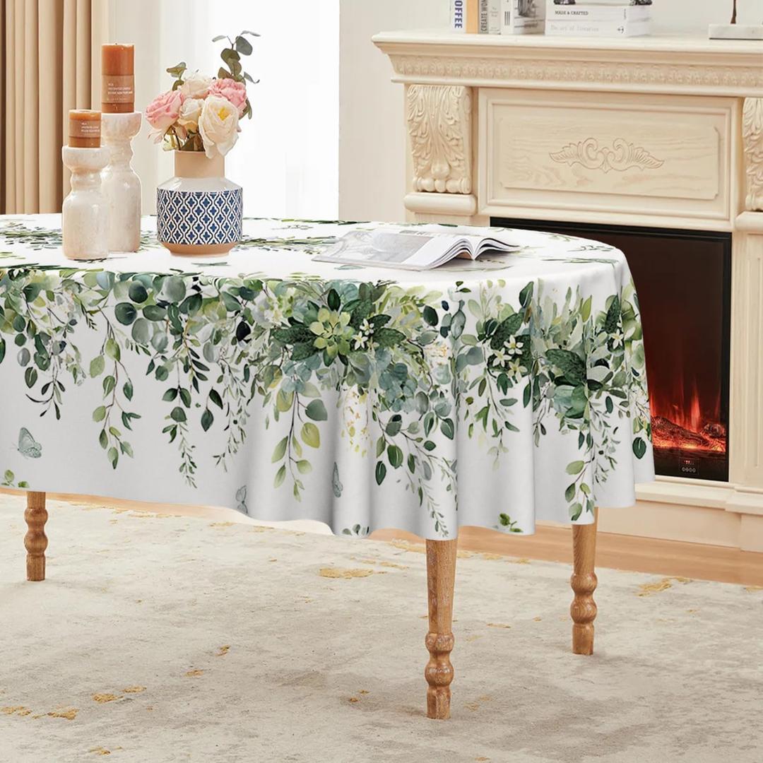 Horaldaily Spring Tablecloth 6084 Inch Oval, Green Eucalyptus Washable Seasonal Table Cover for Party Picnic Dinner Decor