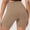 ODODOS Women's Crosover Yoga Shorts with Pockets, 6" Buttery Soft V High Waist Lounge Biker Shorts, Light Brown, X-Large (Beige, XL)