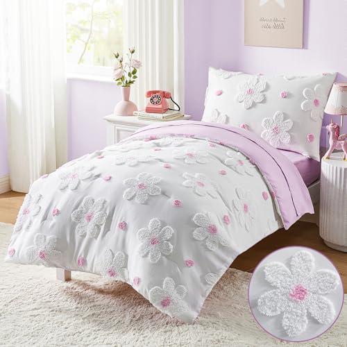 CotComf Toddler Bedding Set for Girls 4-Piece Purple Boho Tufted Daisy Flowers Toddler Bed Comforter Set Bed-in-a-Bag Toddler Sheets Bedroom Set with Comforter, Flat Sheet, Fitted Sheet, Pillowcase