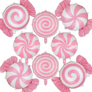 Sweet Candy Balloon Xmas Christmas Set Swirl Lollipop Mylar Foil Balloons Candies Candyland Theme Halloween Birthday Party Decor Supplies, 8 Pcs, Pink