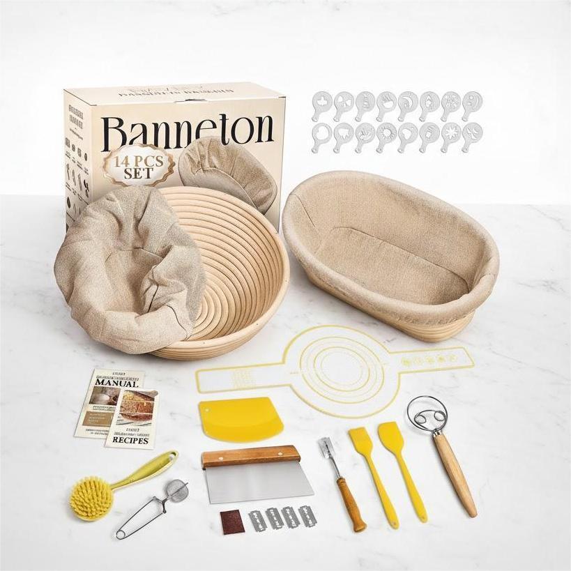 Sourdough Bread Making Kit with 9 Pattern Stencils,9" Round & 10" Oval Bread Proofing Baskets with Bread Lame, Dough Scraper, Whisk, 2 Liners & Flour Duster for Home Bakers