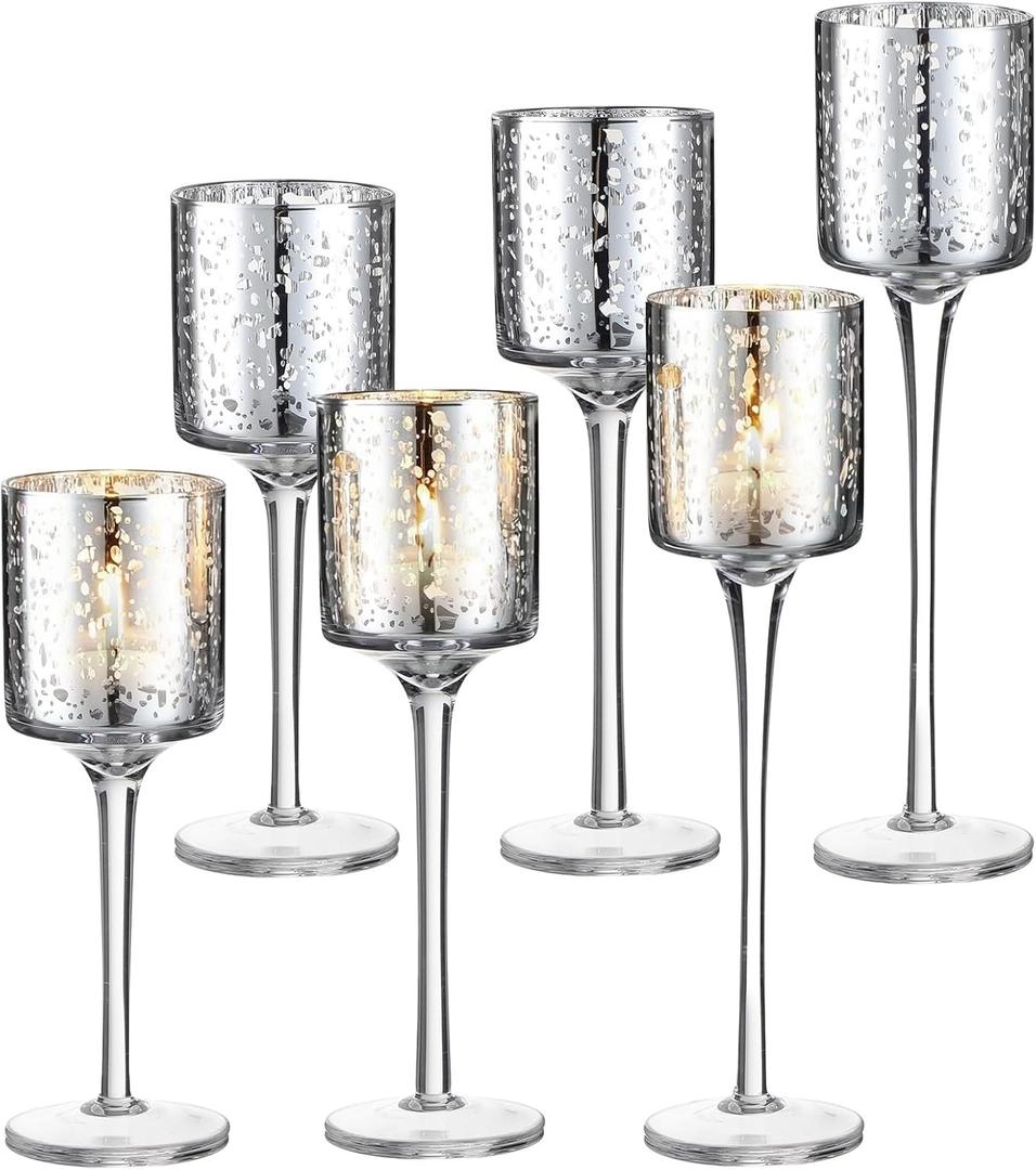 Maxcheck 6 Pcs Glass Candle Holder Tea Light Floating Candle Holders 7.87" 9" 10.2" Tall for Table Centerpiece Home Wedding Party Table Decor (Glitter)