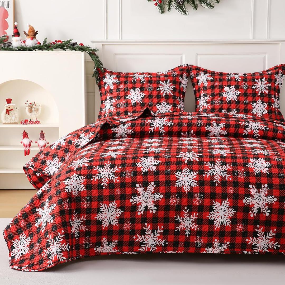 JSD Christmas Quilt Set King Size, Red Buffalo Plaid Snowflakes Bedspreads, 3 Piece Microfiber Coverlet Quilted Blanket with Pillow Shams