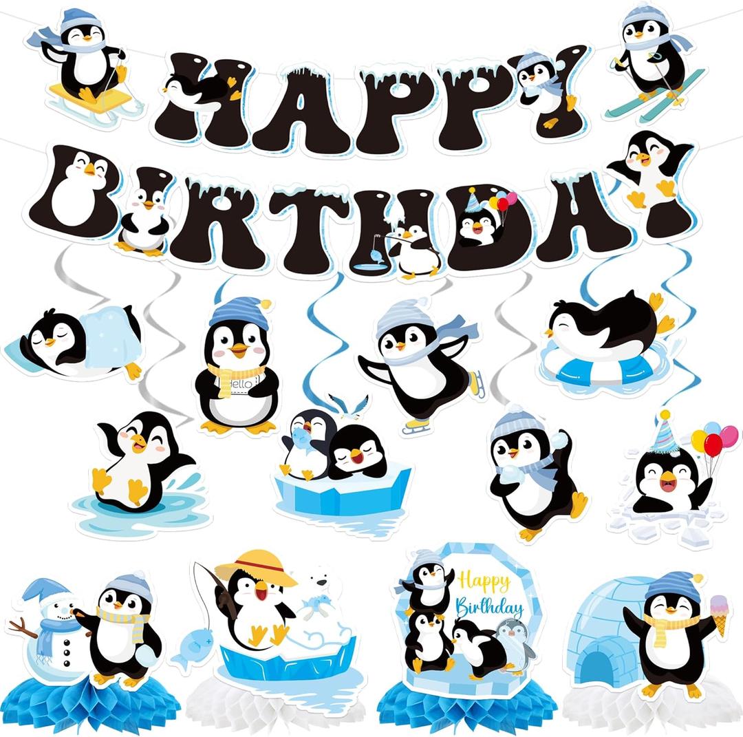 Penguin Birthday Party Decorations - 13 Pcs Winter Party Supplies with Pre-strung Banner Streamers Hanging Swirls Honeycomb Centerpieces, Blue Cute Happy Birthday Decor for Kids Boys Girls