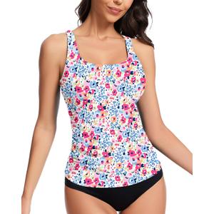 WOWENY Womens Swim Tankini Tops Only Bathing Suit Tops Slim Fit Swimwear UPF 50+ Ruch Tummy Control Swimsuits No Bottom (Large, Animal Floral-2272)