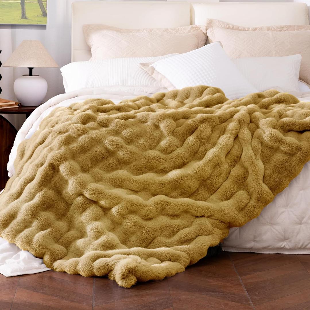 Ultra Soft Cozy Faux Fur Throw Blanket, Fuzzy Plush Thick Bubble Blanket, Oversize Luxury Fluffy Blanket for Couch, Bed, and Living Room, 60x80 Inches, Dark Yellow (Twin)