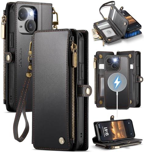 Defencase for iPhone 14 Magnetic Wallet Case Compatible with Magsafe with RFID Blocking Zipper & Card Holder for Women Men, PU Leather Strap Detachable Phone Case for iPhone 14 (6.1 inches), Black