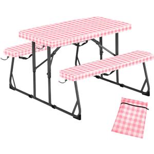 33" L x 20" W x 3" H Pink Grid Picnic Table Cover for Kids, Fitted Tablecloth for Outdoors Vinyl Waterproof Cloth for Camping Home Goods Indoor Outdoor Patio BBQ