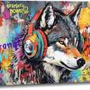 Wolf Canvas Wall Art - Wolf Wall Decor Graffiti Picture Funny Animal Listen to Music Painting Inspirational Prints Pop Artwork Office Living Room Home Decor Framed(Wolf-16,16.00"x24.00")