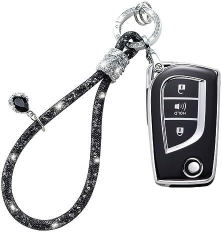 COXTOBRH for Toyota Key Fob Cover with Crystal Car Keychain, Key Case Protection for Toyota 4Runner Avalon C-HR Camry Corolla Fortuner Highlander Levin RAV4, Black Set of 2