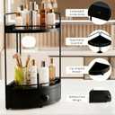 2-Tier Corner Bathroom Countertop Organizer with Drawer, Wooden Vanity Organizers for Makeup and Skincare Storage, Corner Counter Shelf with Embedded Screw Holes, Black