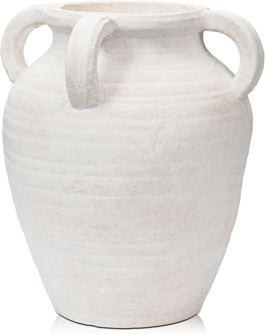 Handcrafted Flower Vase, 9.8" Tall Terracotta Vase, Vintage White Ceramic Vase, Rustic Antique Decor with 4 Handles, Wide Mouth, Matte Finish for Home Office Resto Caf Dcor