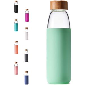 veegoal 25 Oz Borosilicate Glass Water Bottles with Bamboo Lid, BPA-FREE, Non-Slip Silicone Sleeve, and Stainless Steel Leak Proof Lid - Reusable Glass Bottle for Men and Women (Mint Green)