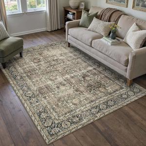 Vintage Area Rug 4x6 Brown Entryway Office Washable Carpet Non Slip Bedroom Indoor Living Room Door Mat Low Pile Traditional Distressed Retro Accent Rug for Dining Room Bathroom Kitchen