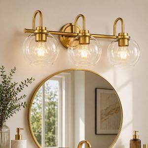 Gold Vanity Light, 3 Light Bathroom Light Fixtures, Modern Bathroom Vanity Lights Fixtures Over Mirror with Clear Glass Globe Shade, Gold Wall Sconces for for Mirror Bathroom Hallway (E26 Base)