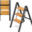 GameGem 3 Step Ladder, Aluminum Folding Step Stool with Anti-Slip Sturdy and Wide Pedal, Lightweight Portable Stepladder for Home and Kitchen Use Space Saving, 330 lbs, Black Woodgrain