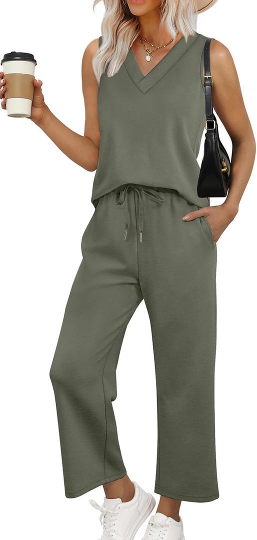 WIHOLL Two Piece Sets for Women Summer Outfits Matching Lounge Sets Wide Leg Crop Pants Vacation Travel (X-Large, Olive Green)